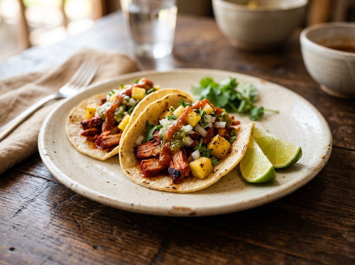 Tacos al pastor con carne de cerdo al achiote, piña, cebolla y cilantro