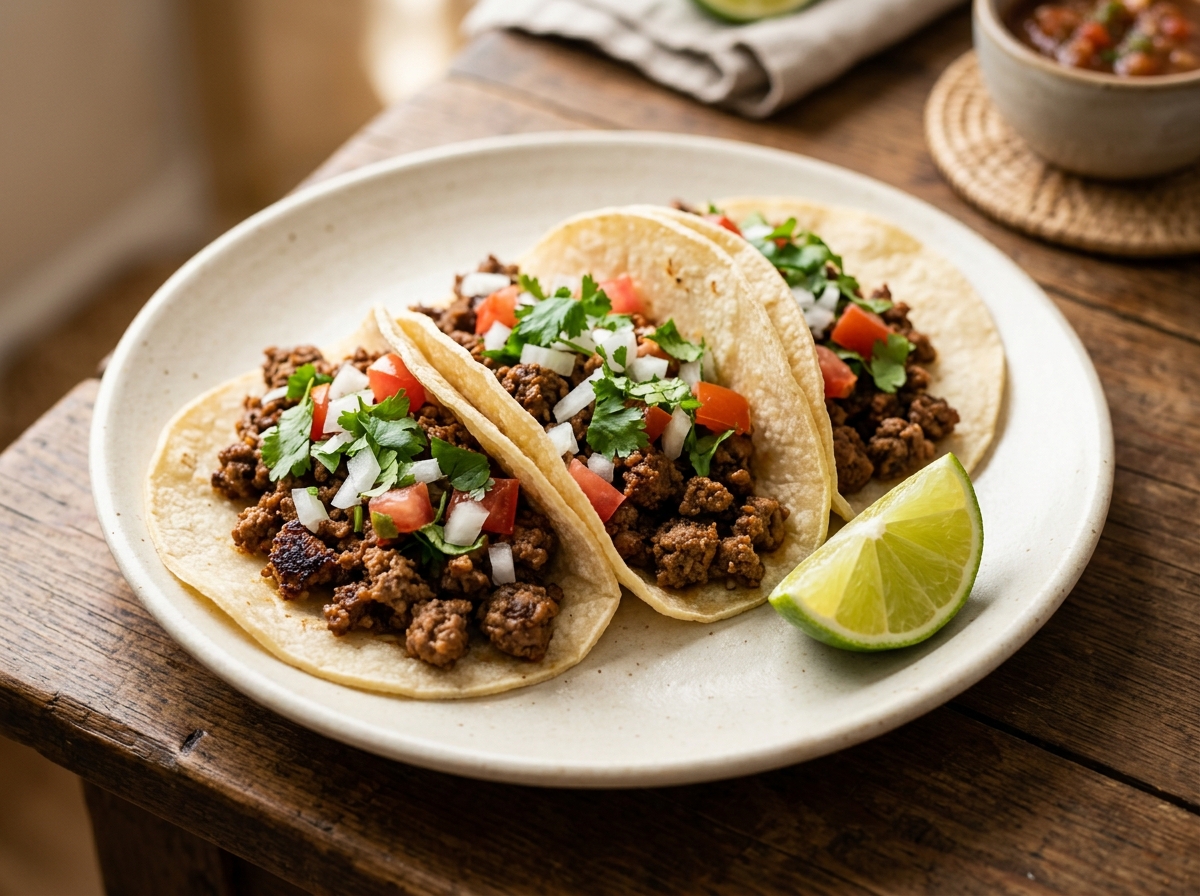 Tacos de carne molida en tortillas de maíz con cebolla y cilantro