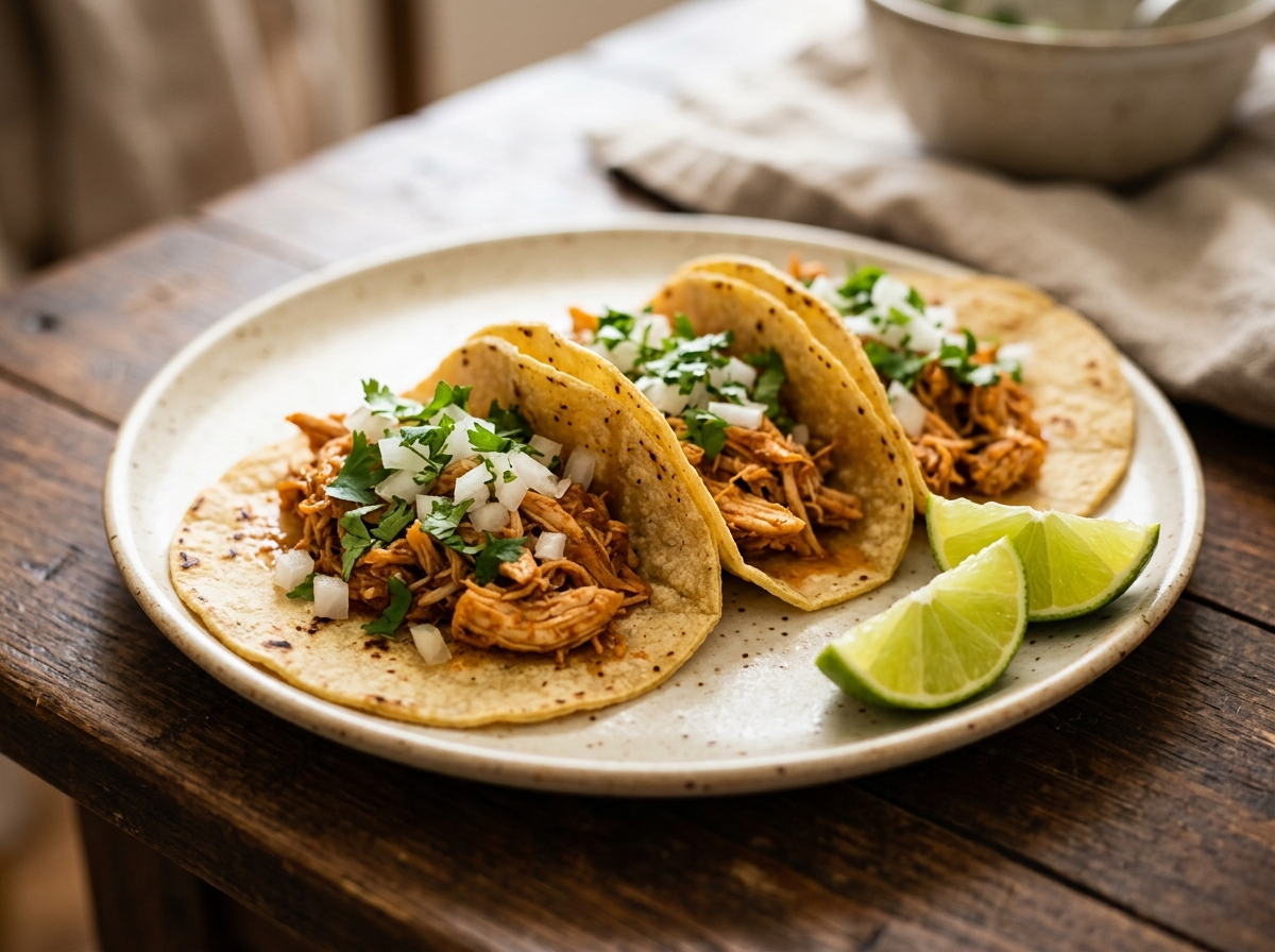 Tacos de pollo desmenuzado con guarniciones frescas