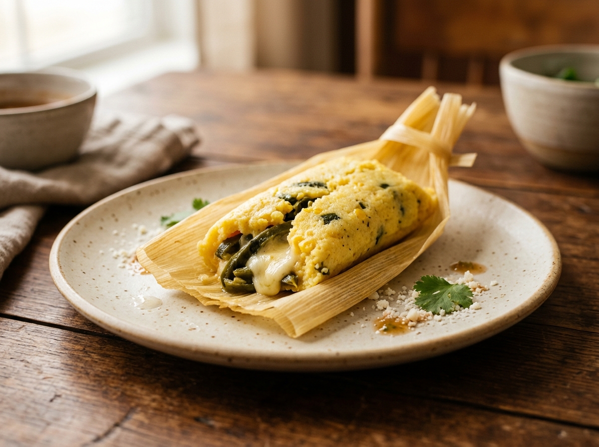 Tamales de rajas con queso, uno abierto mostrando la masa y el chile poblano