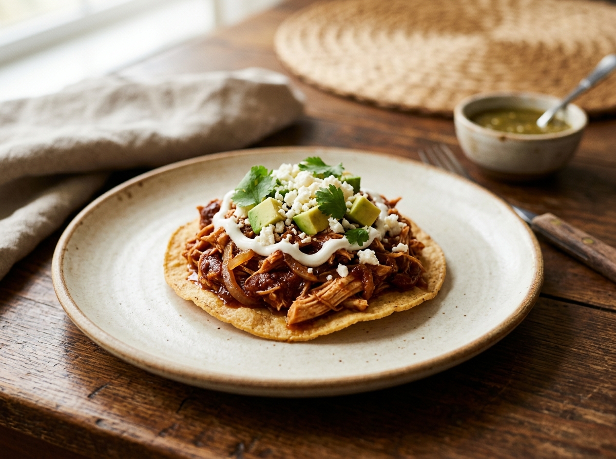 Tinga de pollo deshebrado en salsa de chipotle sobre tostada