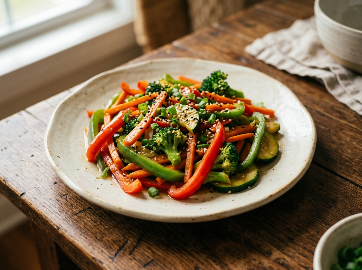 Vegetales salteados crujientes con pimiento, zanahoria, brócoli y calabacín