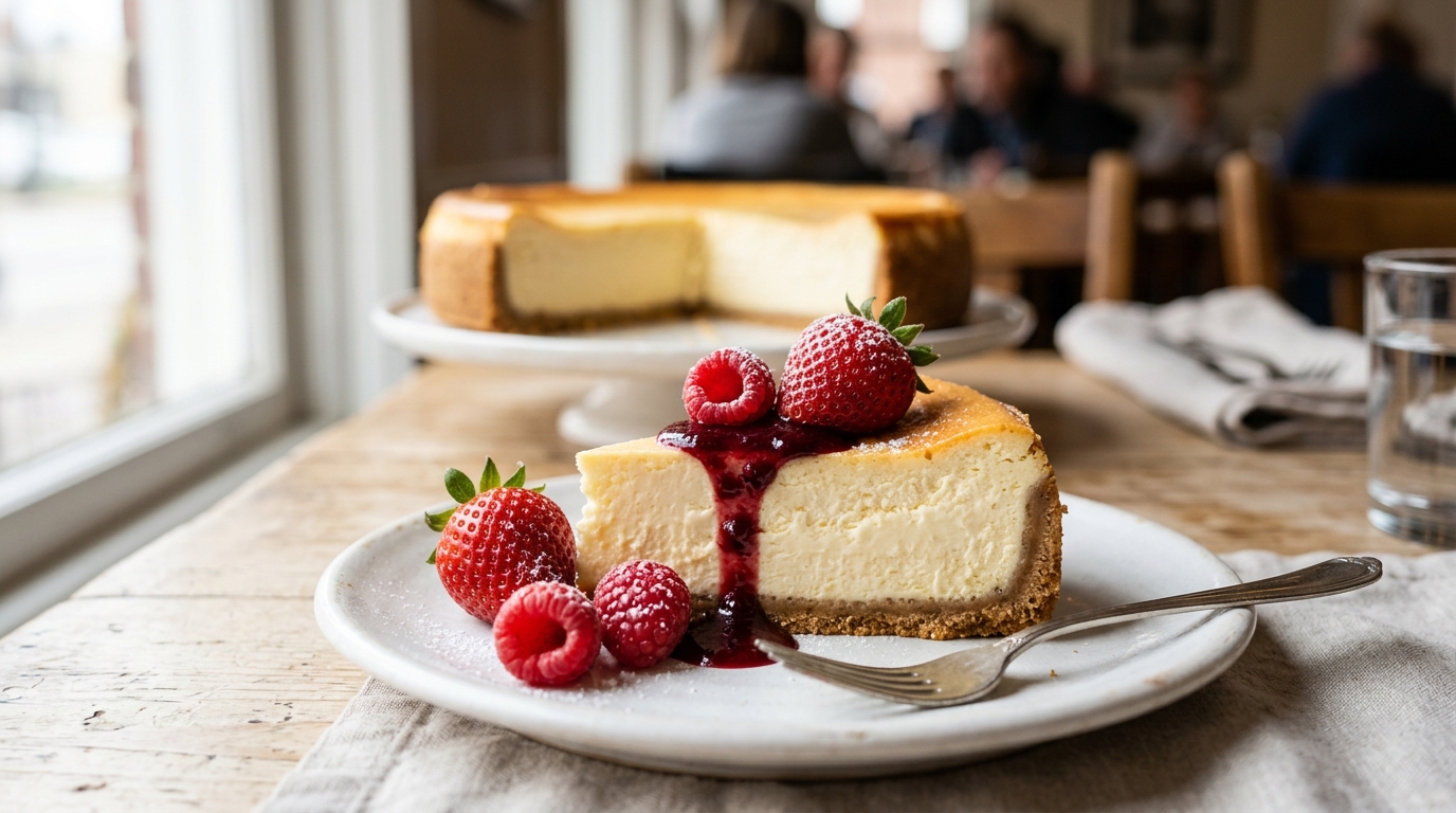 Rebanada de cheesecake clásico cremoso con salsa de frutos rojos, fresas y frambuesas frescas, con el cheesecake entero de fondo, receta de Chef Goya.