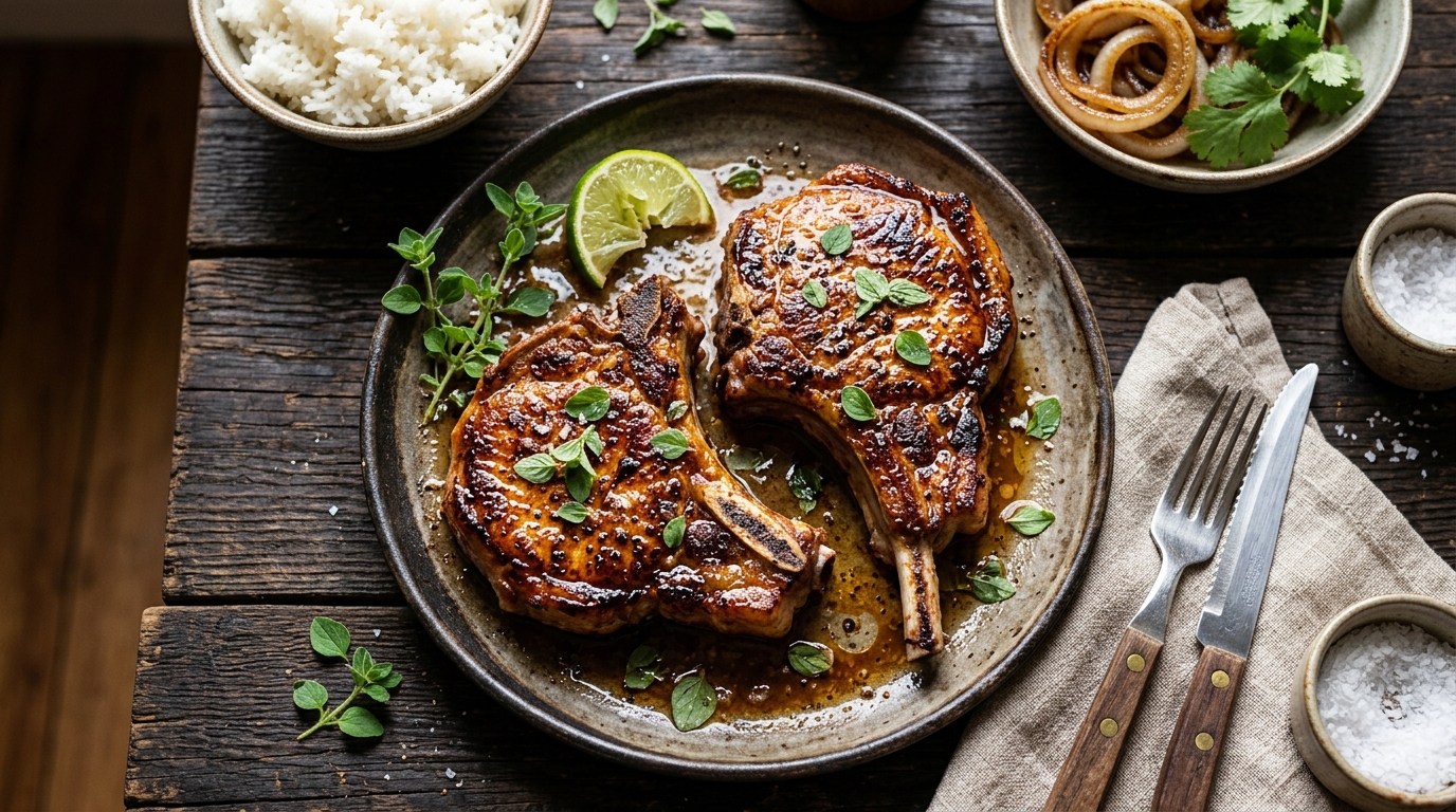 Chuletas de cerdo doradas a la sartén con costra dorada, jugosas, servidas en plato de cerámica con cebolla caramelizada, orégano fresco y un gajo de limón.