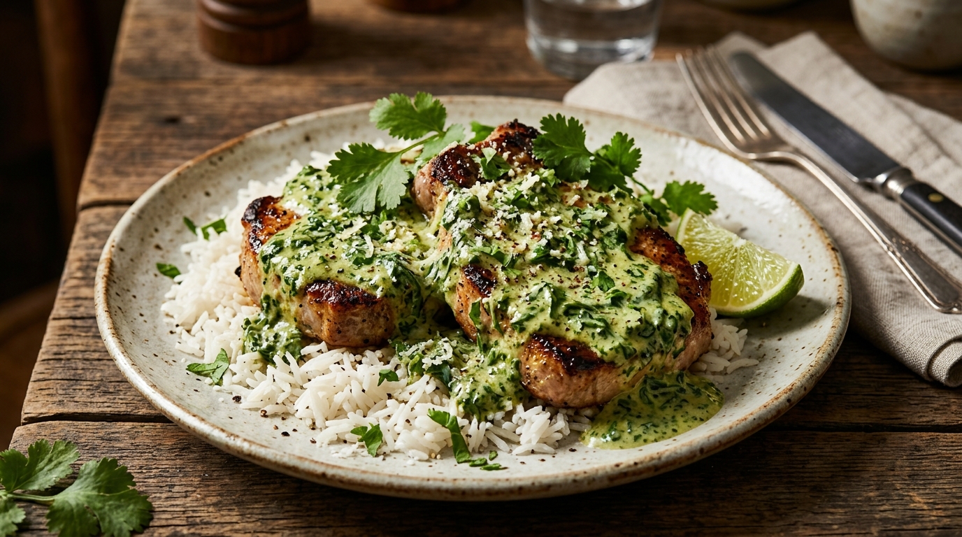 Chuletas de puerco doradas cubiertas con una cremosa salsa verde de espinaca, cilantro y parmesano, servidas sobre arroz blanco con un toque de limón, receta de Chef Goya.