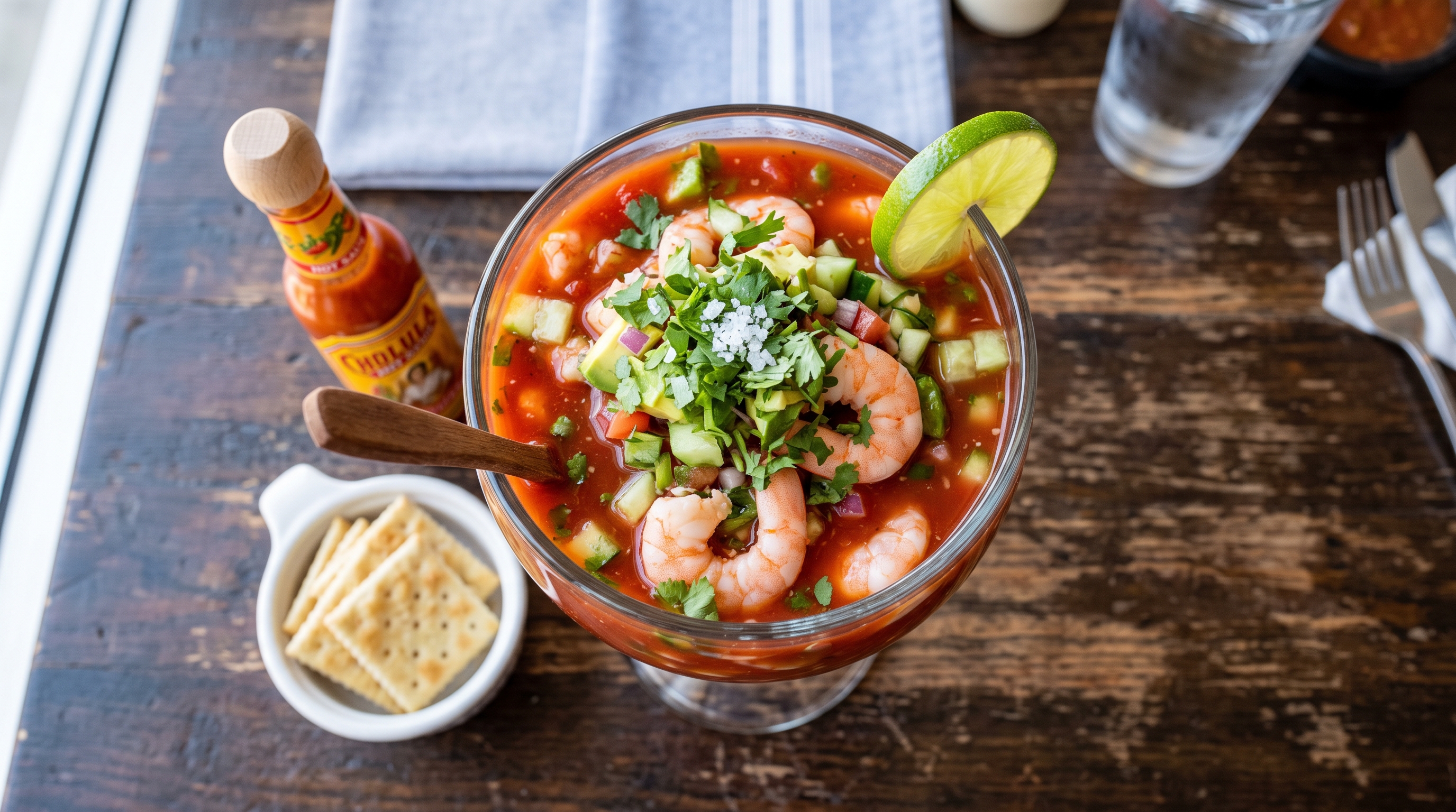 Cóctel de camarón mexicano en copa de vidrio: camarones rosados en salsa roja de tomate y Clamato, con aguacate, pepino, cebolla morada y cilantro, limón y galletas saladas al lado