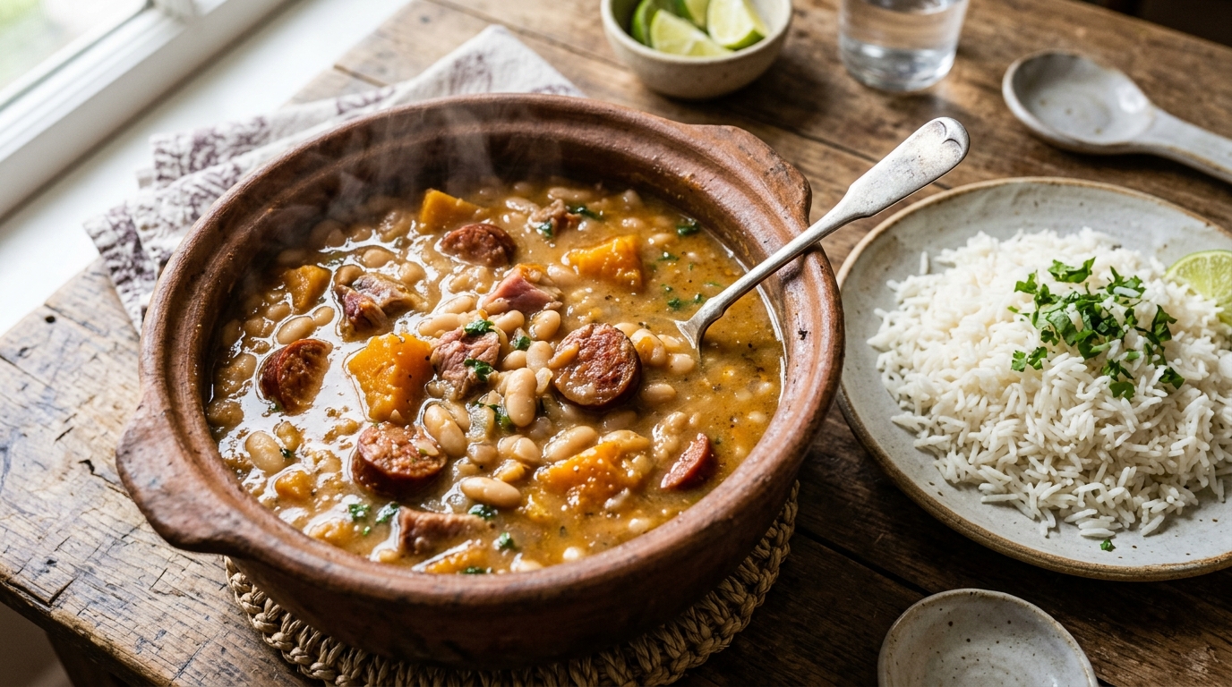 Potaje de frijoles blancos cubanos en cazuela de barro con chorizo, cerdo y calabaza, servido con arroz blanco