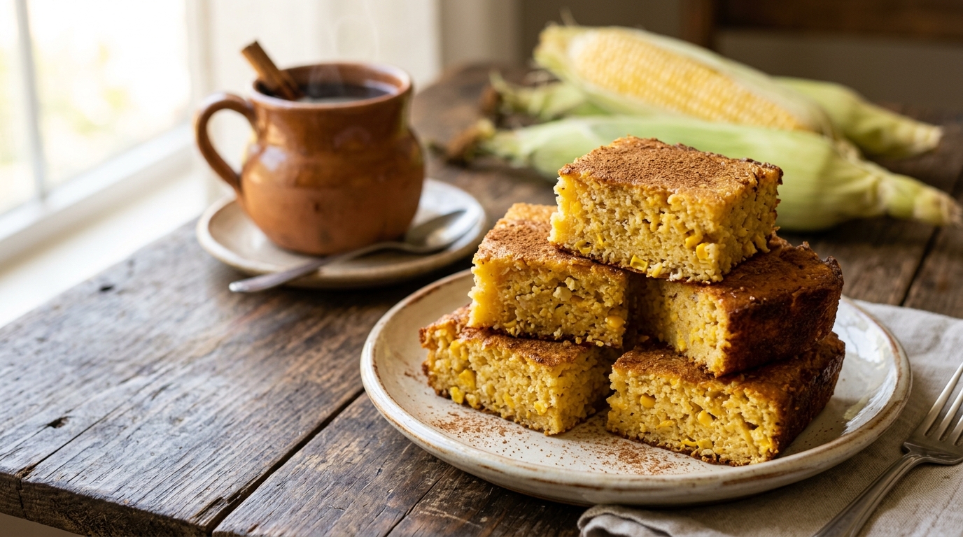 Pan de elote mexicano recién horneado, cortado en cuadros dorados, con una taza de café de olla al fondo