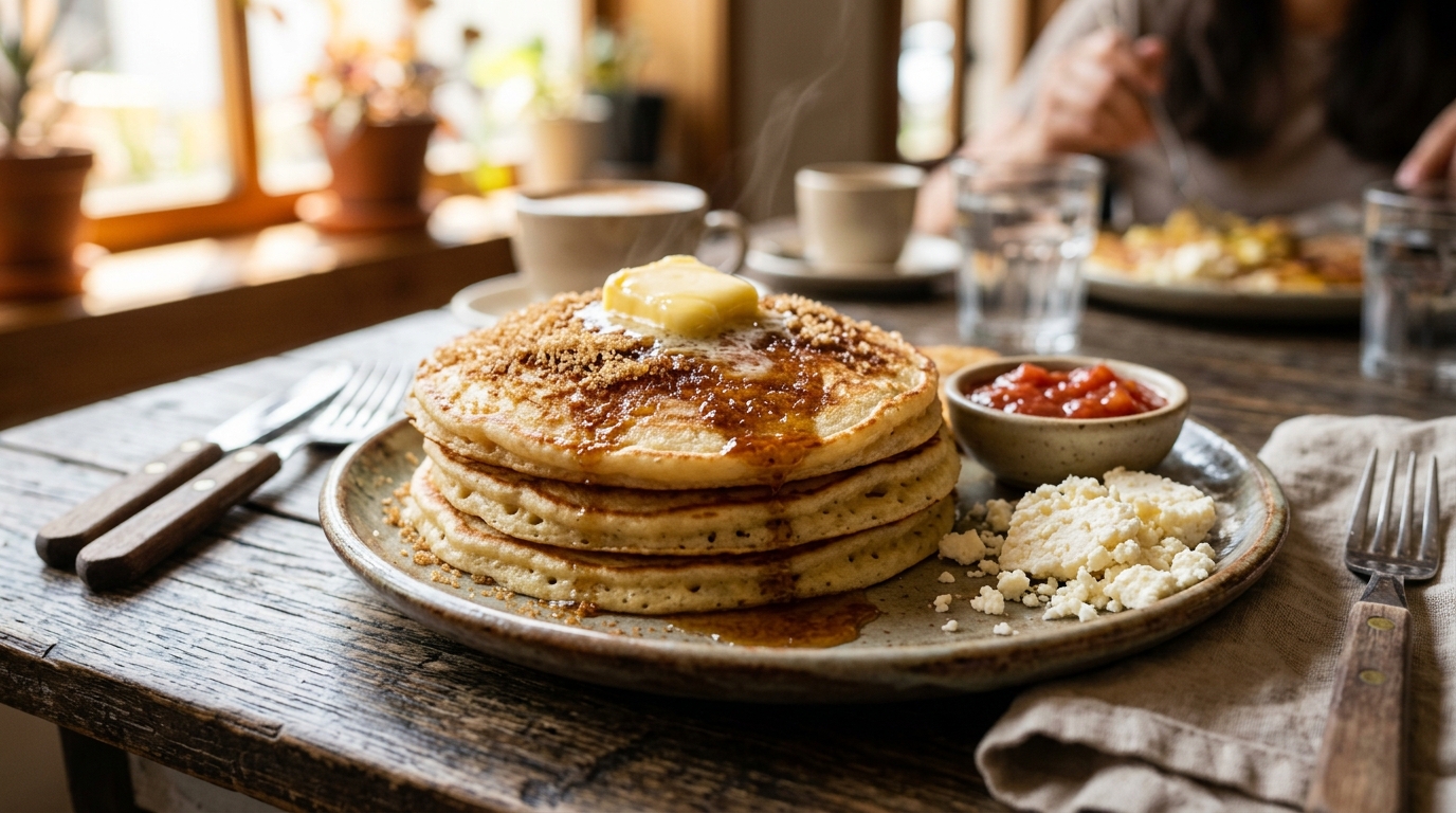 Stack de panquecas venezolanas doradas cubiertas con papelón rallado derritiéndose, acompañadas de queso blanco y mermelada de guayaba