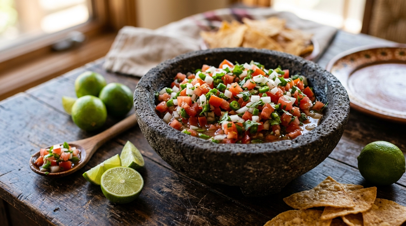 Pico de gallo fresco en molcajete con tomate, cebolla, cilantro y chile serrano picados, con limones y totopos