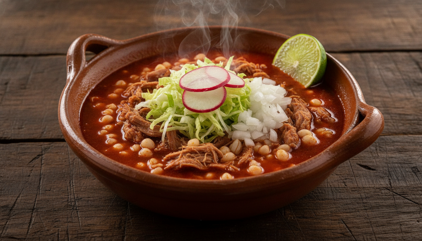 Pozole rojo mexicano en cazuela de barro con caldo rojo de chile guajillo, maíz cacahuazintle, cerdo deshebrado y guarnición de lechuga, rábano y limón