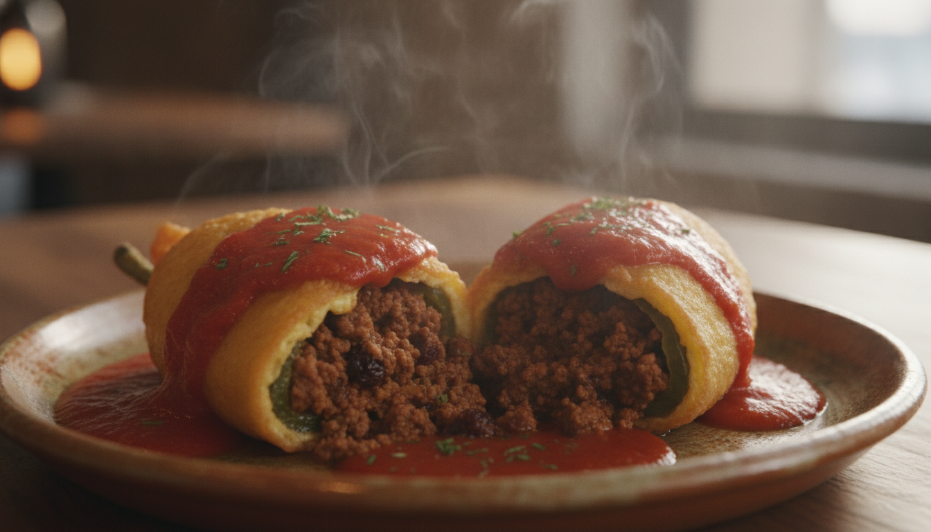 Chiles rellenos de picadillo con capeado dorado y esponjoso, bañados en salsa de jitomate, sobre un plato rústico