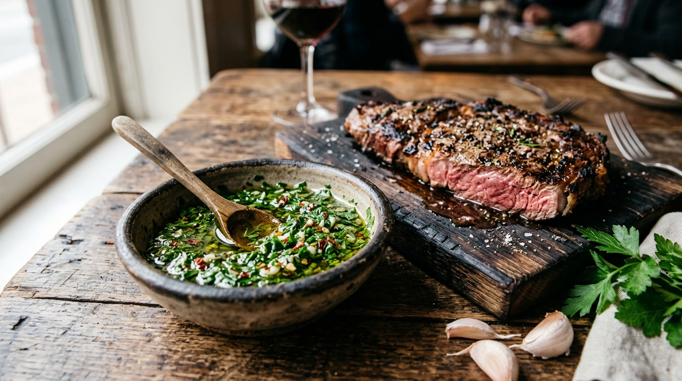 Chimichurri argentino casero en un bowl de cerámica junto a un corte de carne asada