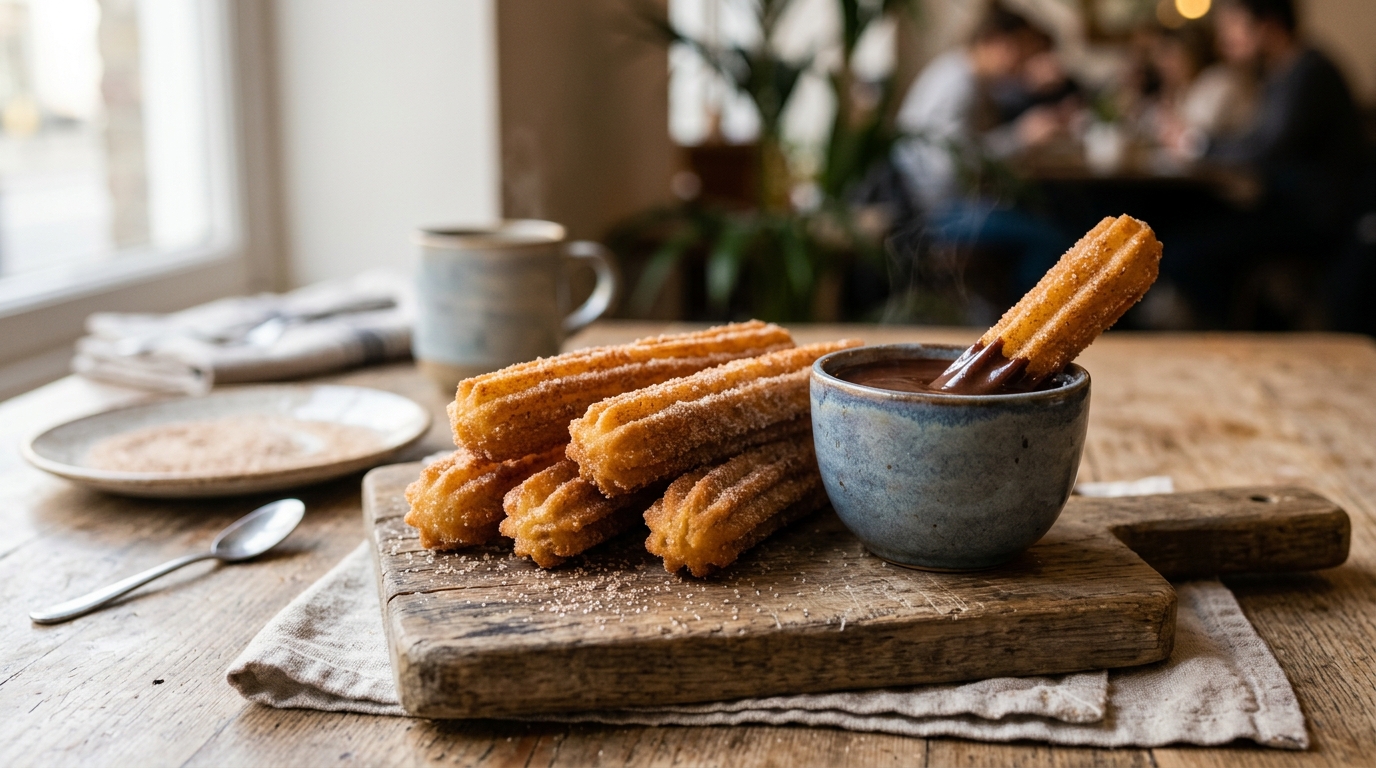 Churros mexicanos crujientes cubiertos en azúcar con canela, servidos con una taza de chocolate caliente para mojar