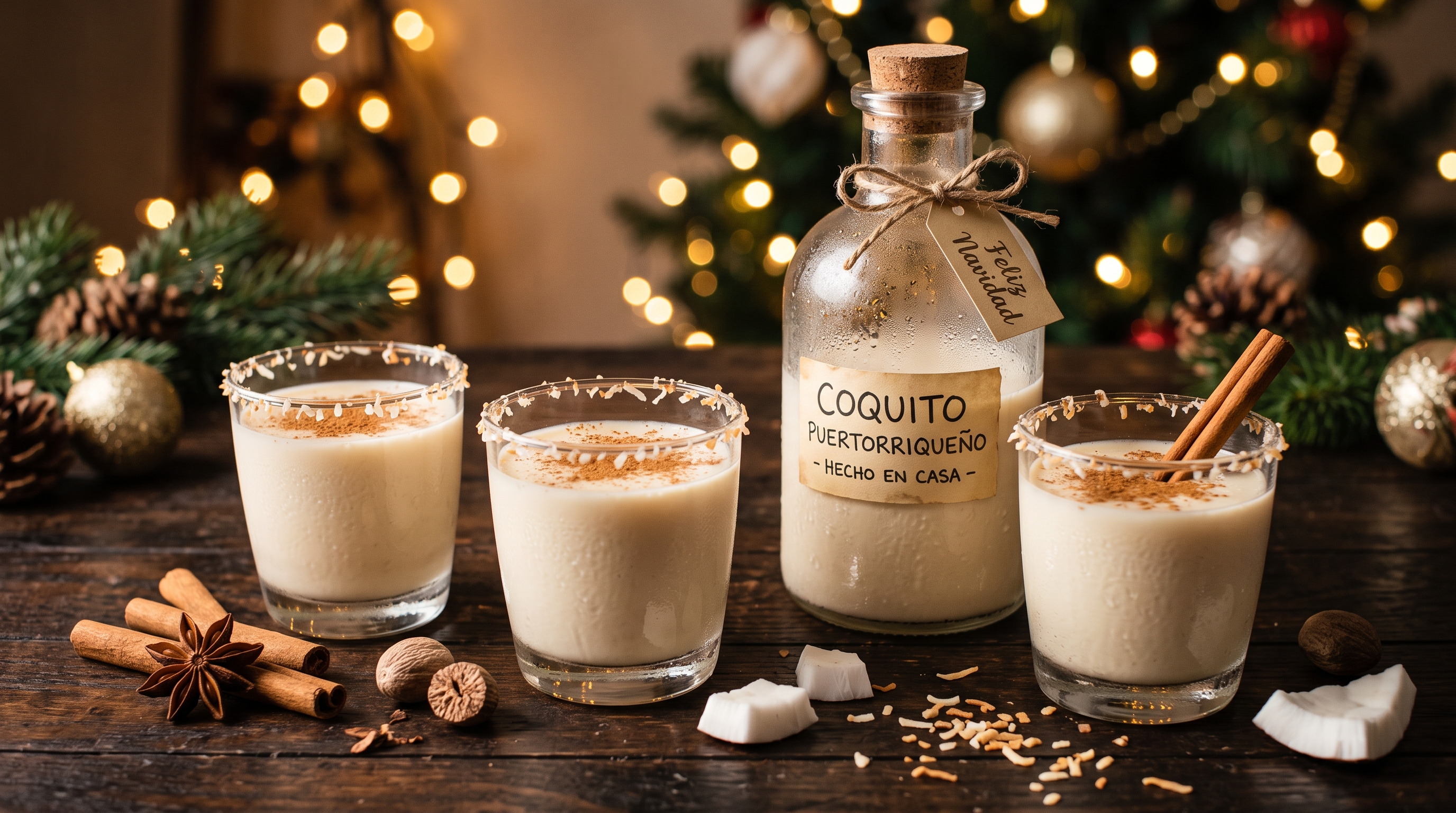 Tres vasos de coquito puertorriqueño cremoso espolvoreados con canela, junto a una botella de coquito casero, ramas de canela y coco tostado sobre mesa de madera navideña