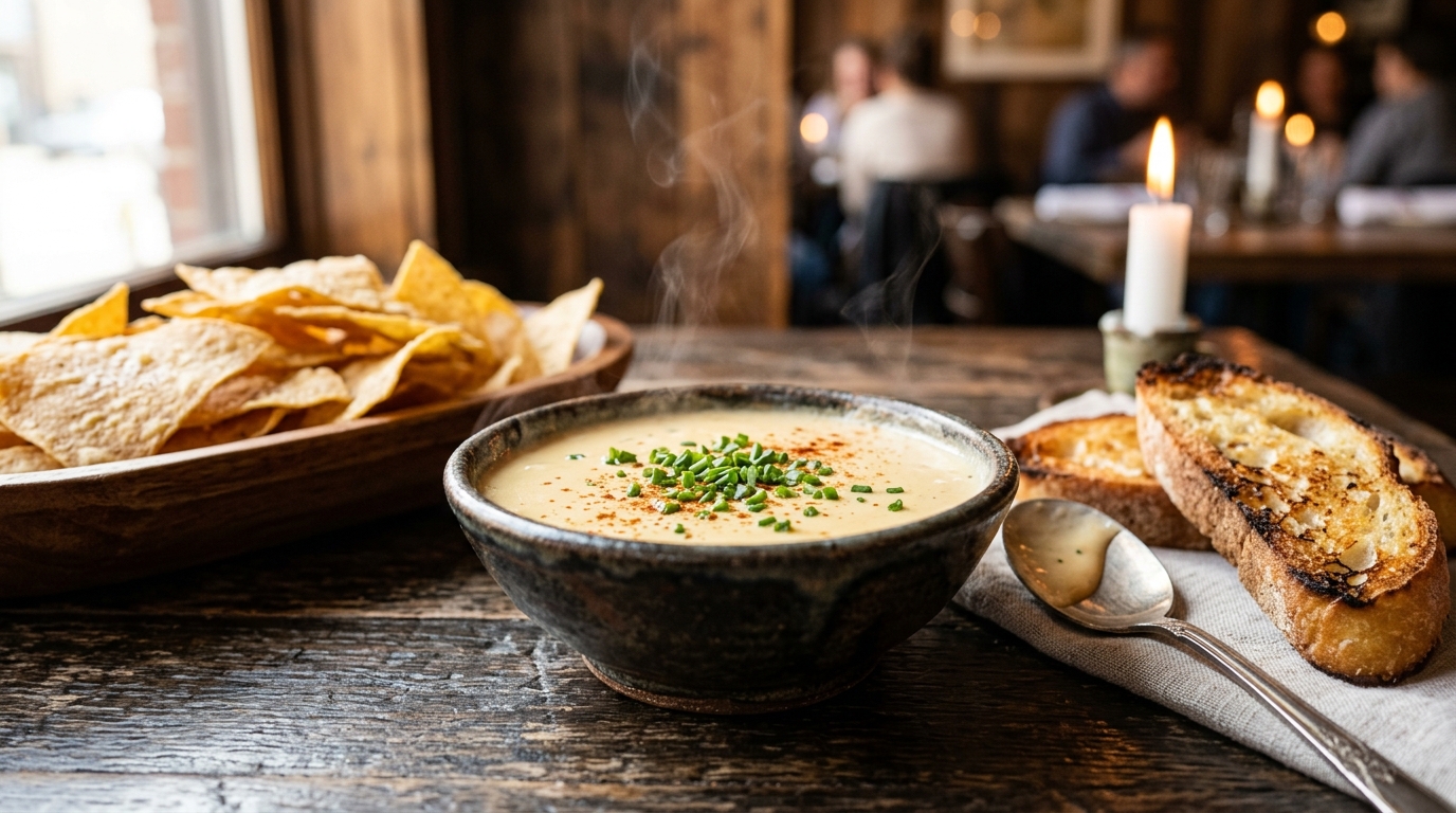 Crema de queso casera cremosa en un tazón de cerámica rústico, con cebollino picado y totopos calientes alrededor
