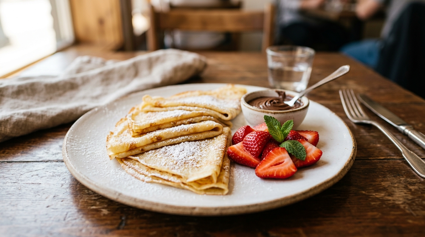 Crepes franceses delgados doblados en triángulo con fresas frescas, Nutella y azúcar glas