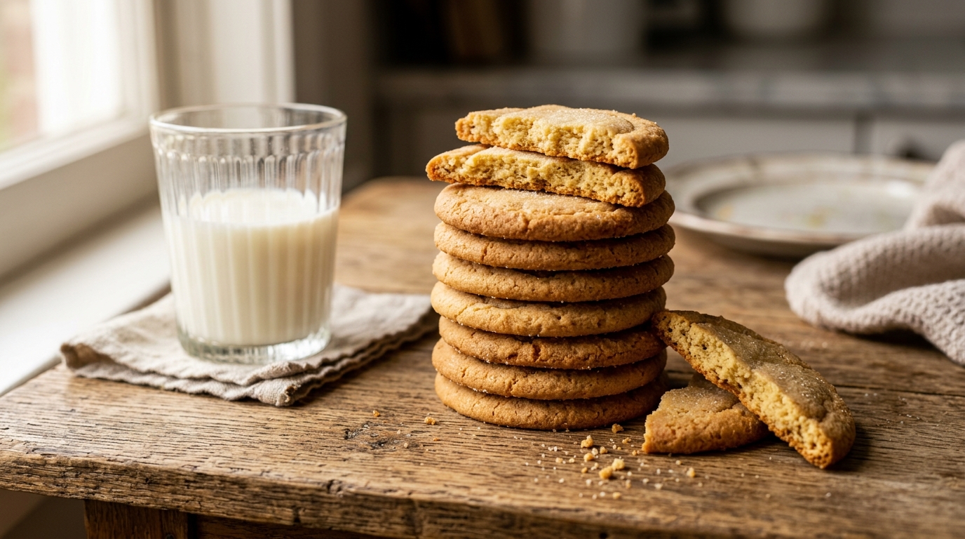 Galletas caseras clásicas apiladas con bordes dorados y crujientes, centro suave, junto a un vaso de leche fría