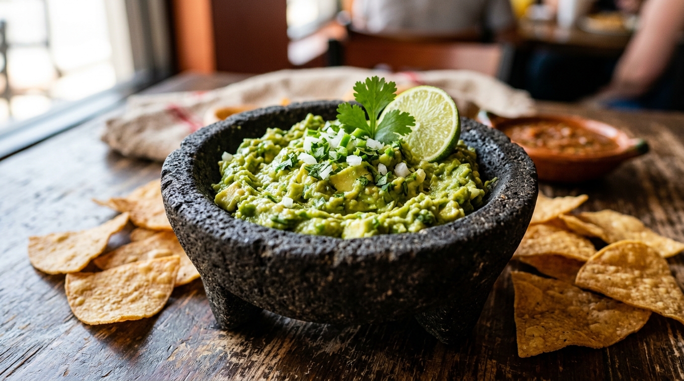 Guacamole auténtico mexicano en molcajete de piedra con totopos recién fritos