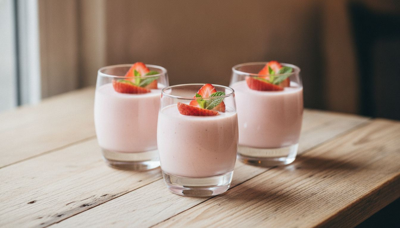 Copas de mousse de fresa cremoso decoradas con fresas frescas y hojas de menta, receta fácil de Chef Goya.