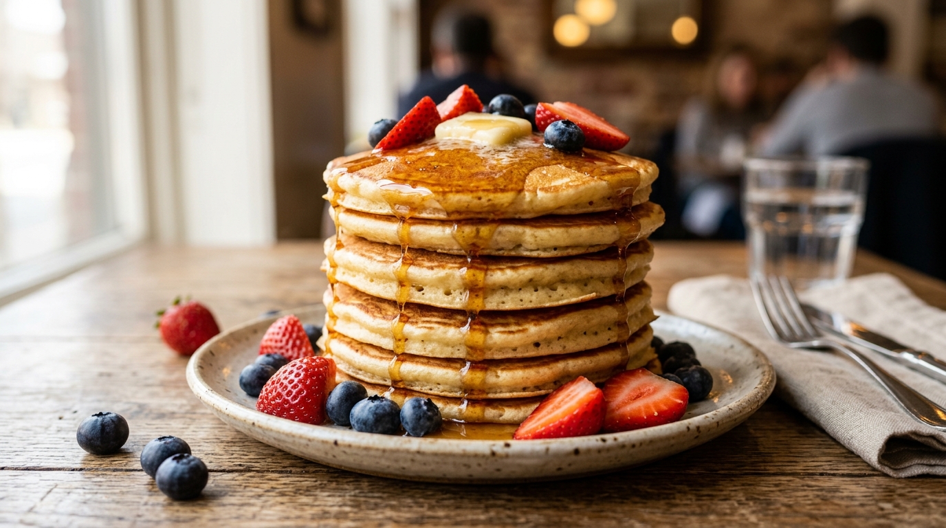 Torre de panqueques esponjosos bañados en miel de maple con fresas y arándanos frescos