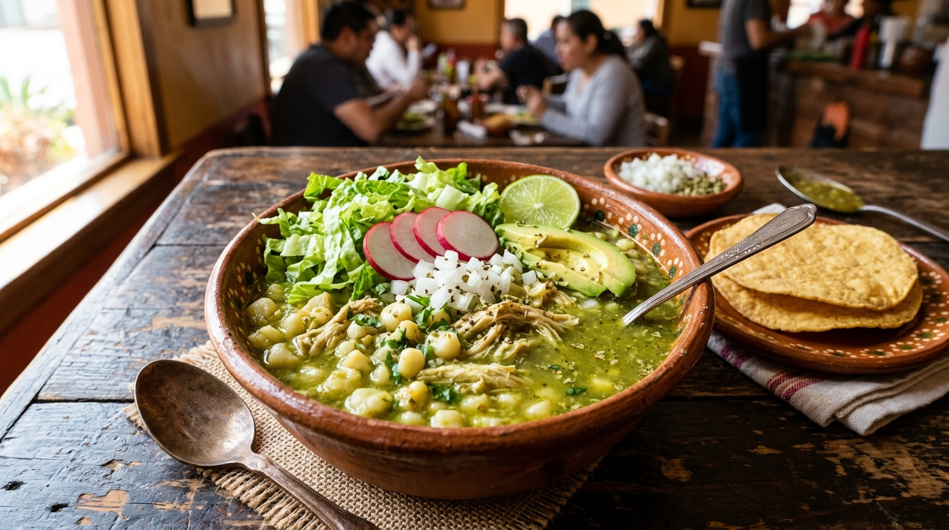 Pozole verde de pollo servido en tazón de barro: caldo verde con maíz pozolero y pollo deshebrado, cubierto de lechuga, rábanos, cebolla y aguacate, con tostadas al lado