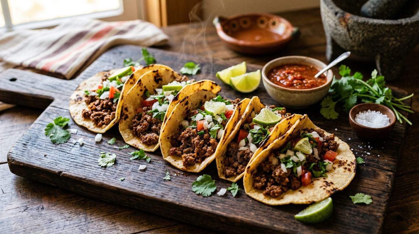 Tacos de carne molida servidos en tortillas de maíz con cebolla, cilantro, tomate y salsa