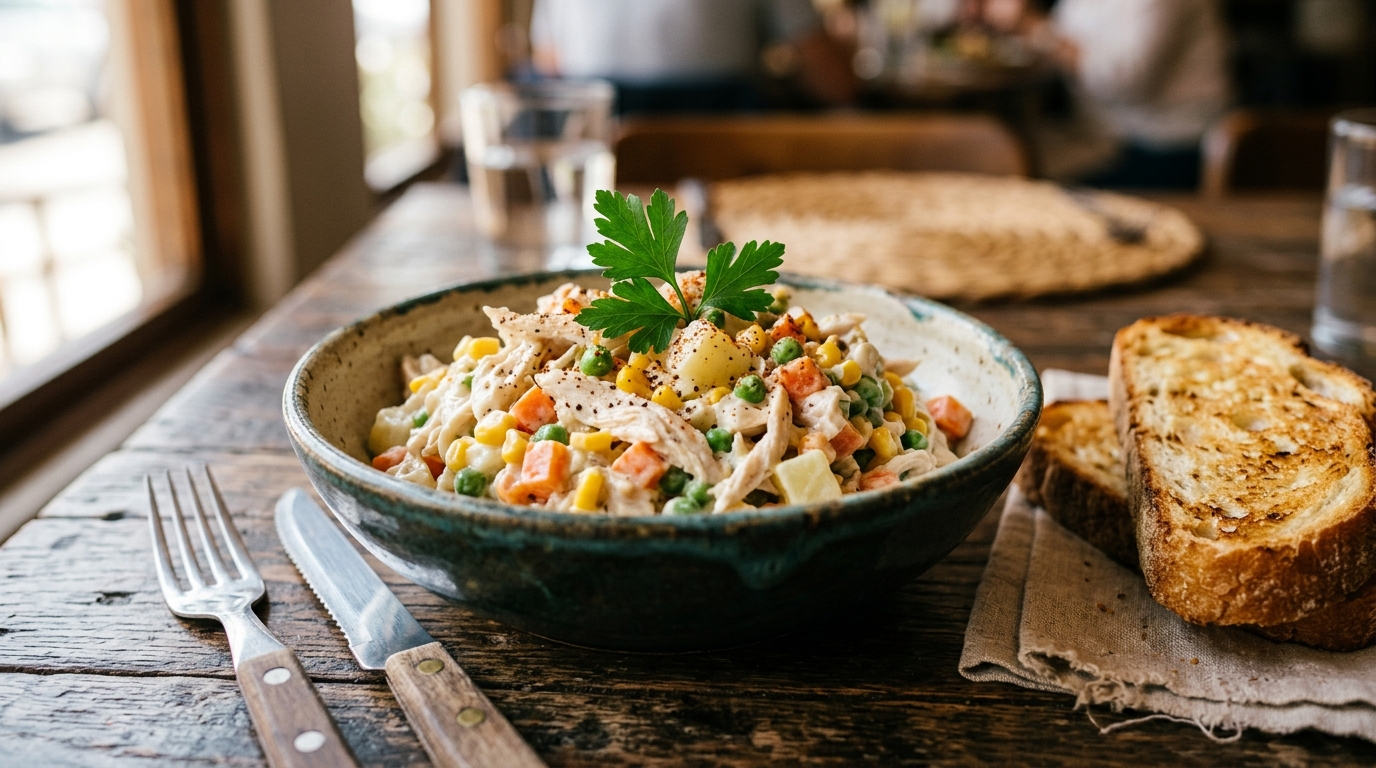 Ensalada de pollo con mayonesa en un tazón, con papa, zanahoria, elote y chícharos, servida con pan tostado