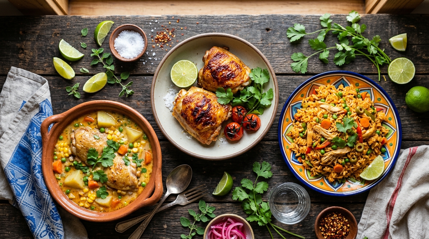 Variedad de platos con muslos de pollo latinos: pollo a la barbacoa, pollo en crema y arroz con pollo sobre mesa de madera rústica