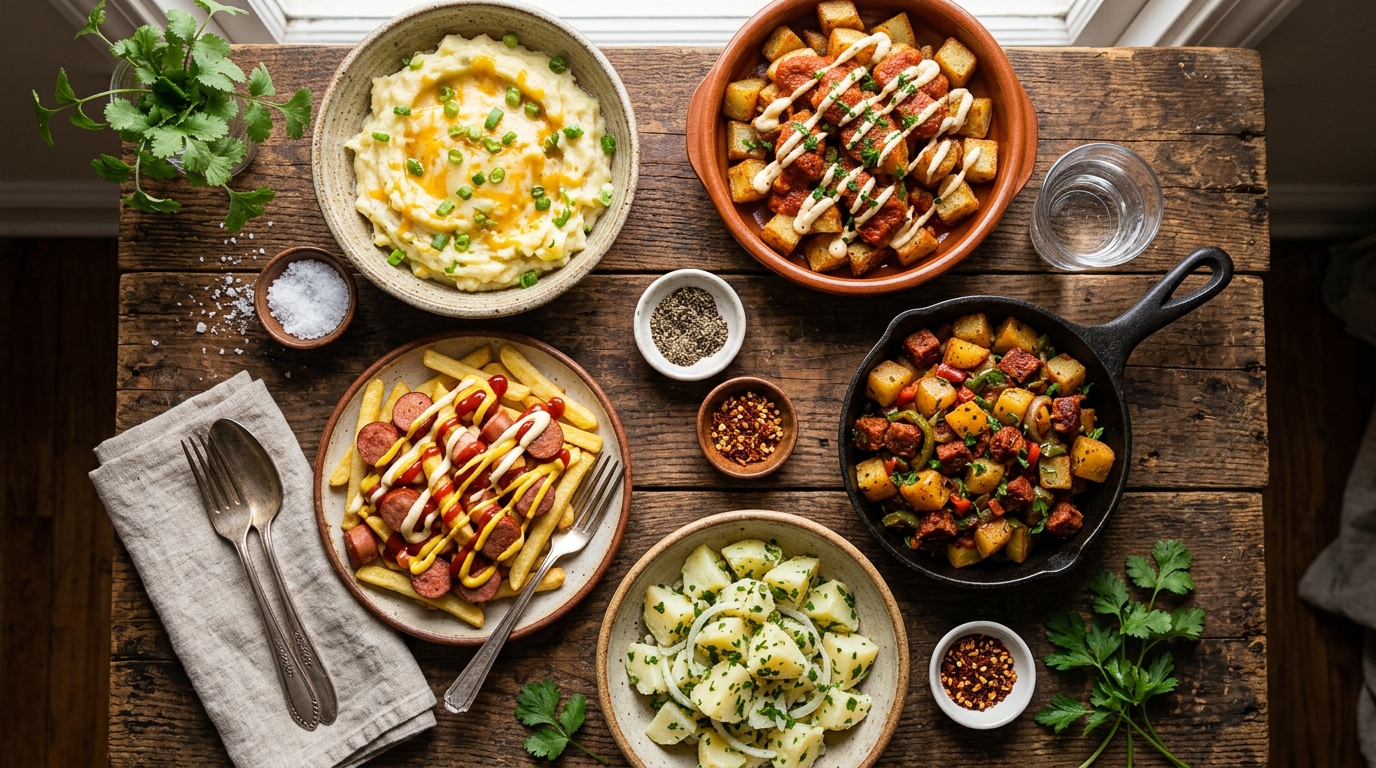 Variedad de recetas con papas latinas sobre mesa de madera rústica: papa majada, papas bravas, ensalada de papa y salchipapas