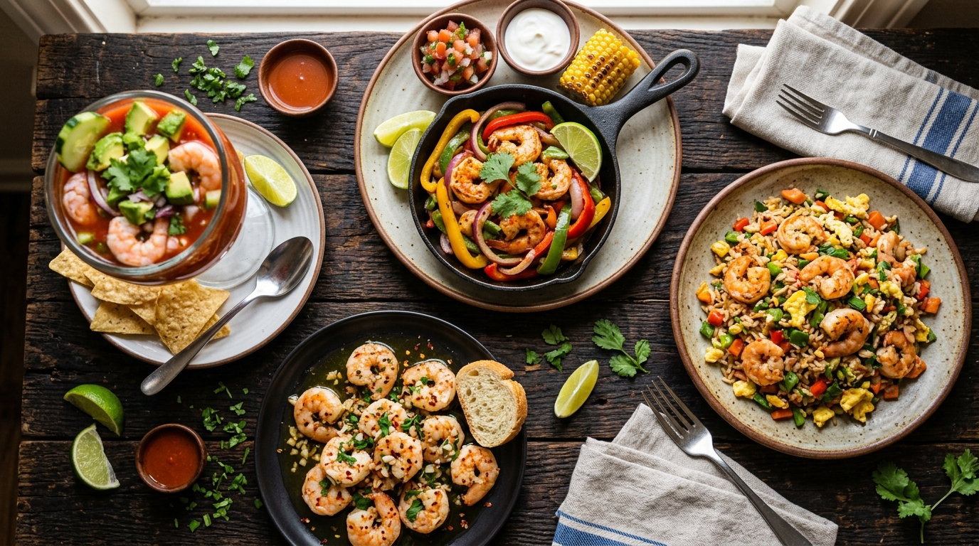 Variedad de recetas de camarones latinas sobre mesa de madera rústica: camarones al ajillo, cóctel de camarón, arroz con camarones y fajitas de camarón