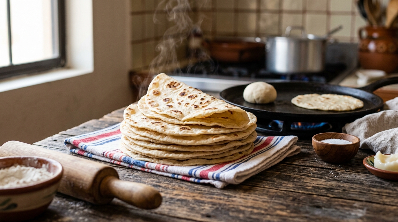 Tortillas de harina caseras apiladas sobre paño de cocina, con puntitos dorados, junto a palote, bolita de masa y comal de hierro