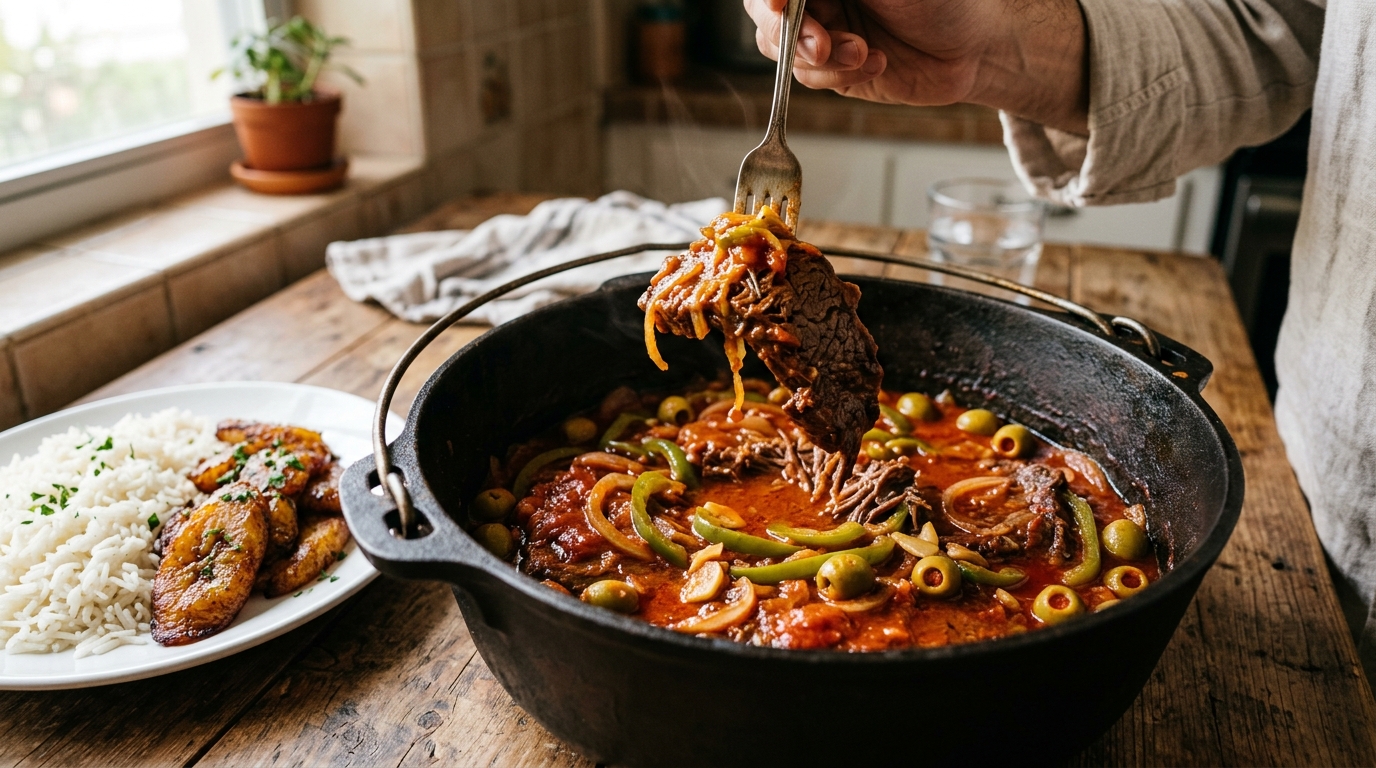 Cuban bistec en cazuela: thin braised steaks in a black caldero with red tomato sauce, sliced onions, green pepper and stuffed green olives, a plate of white rice and fried sweet plantains beside it