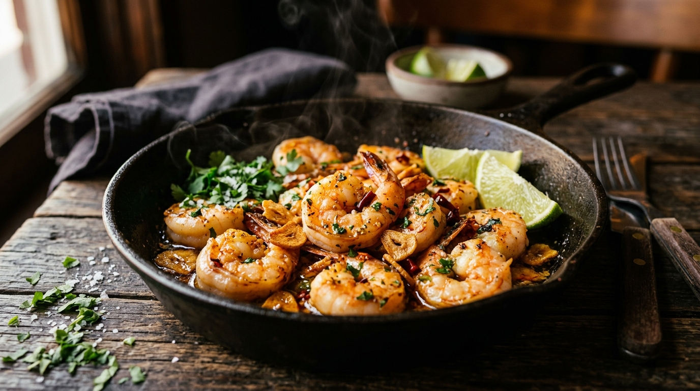 Camarones al mojo de ajo dorados en sartén de hierro, bañados en mantequilla con láminas de ajo crujiente, chile de árbol, cilantro fresco y limón