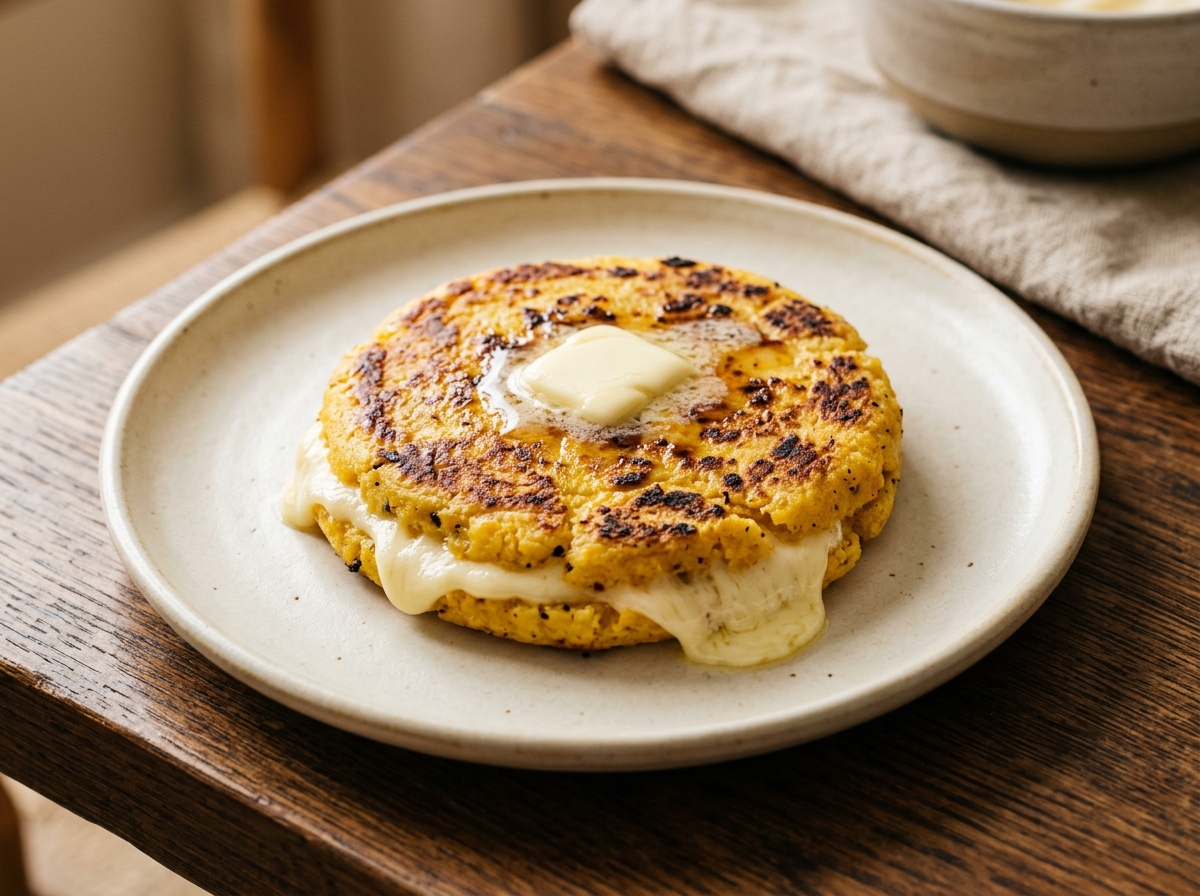 Arepas de choclo colombianas doradas con queso derretido en el medio y mantequilla