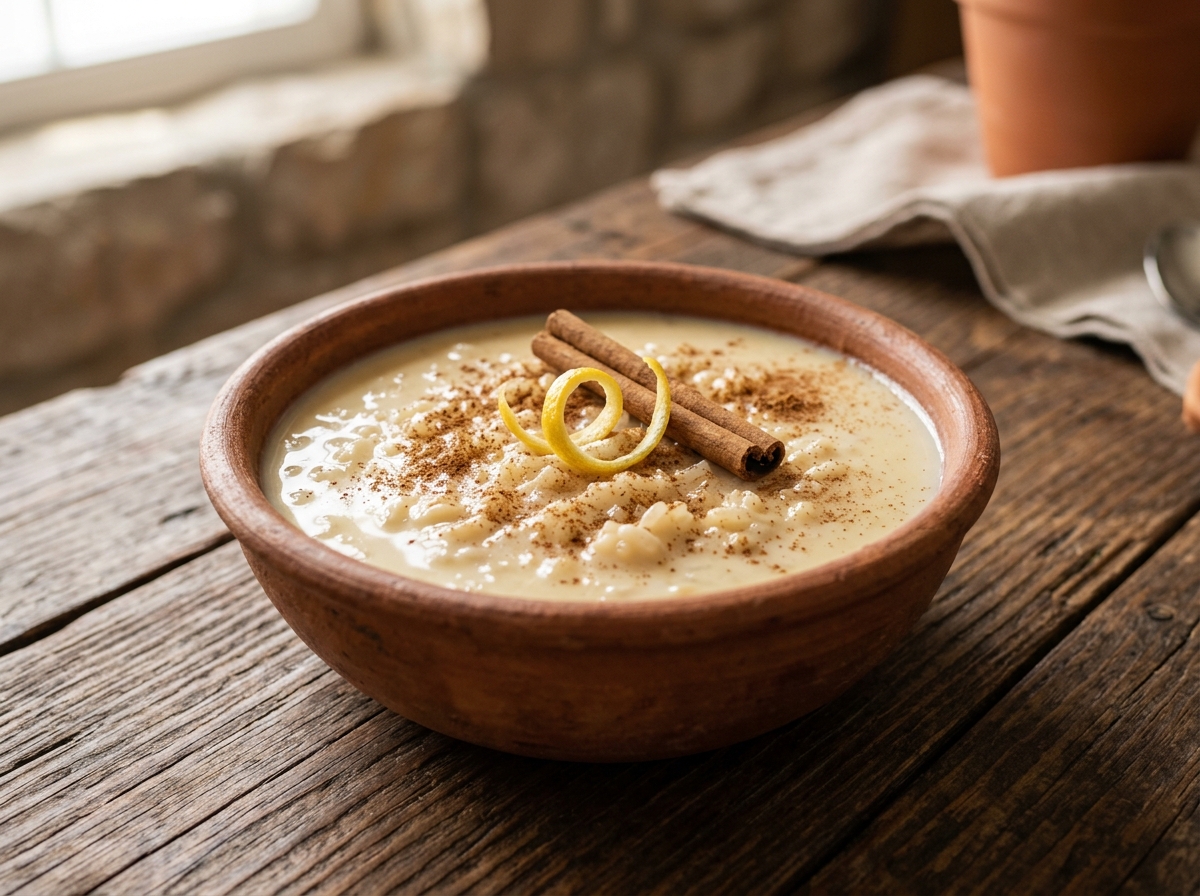 Arroz con leche cubano cremoso con canela espolvoreada y cáscara de limón en tazón de barro