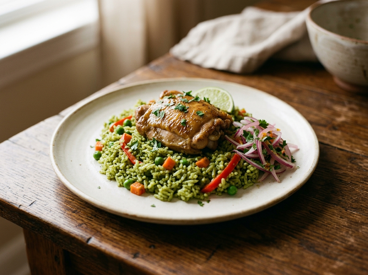Arroz con pollo peruano de arroz verde con pollo y salsa criolla