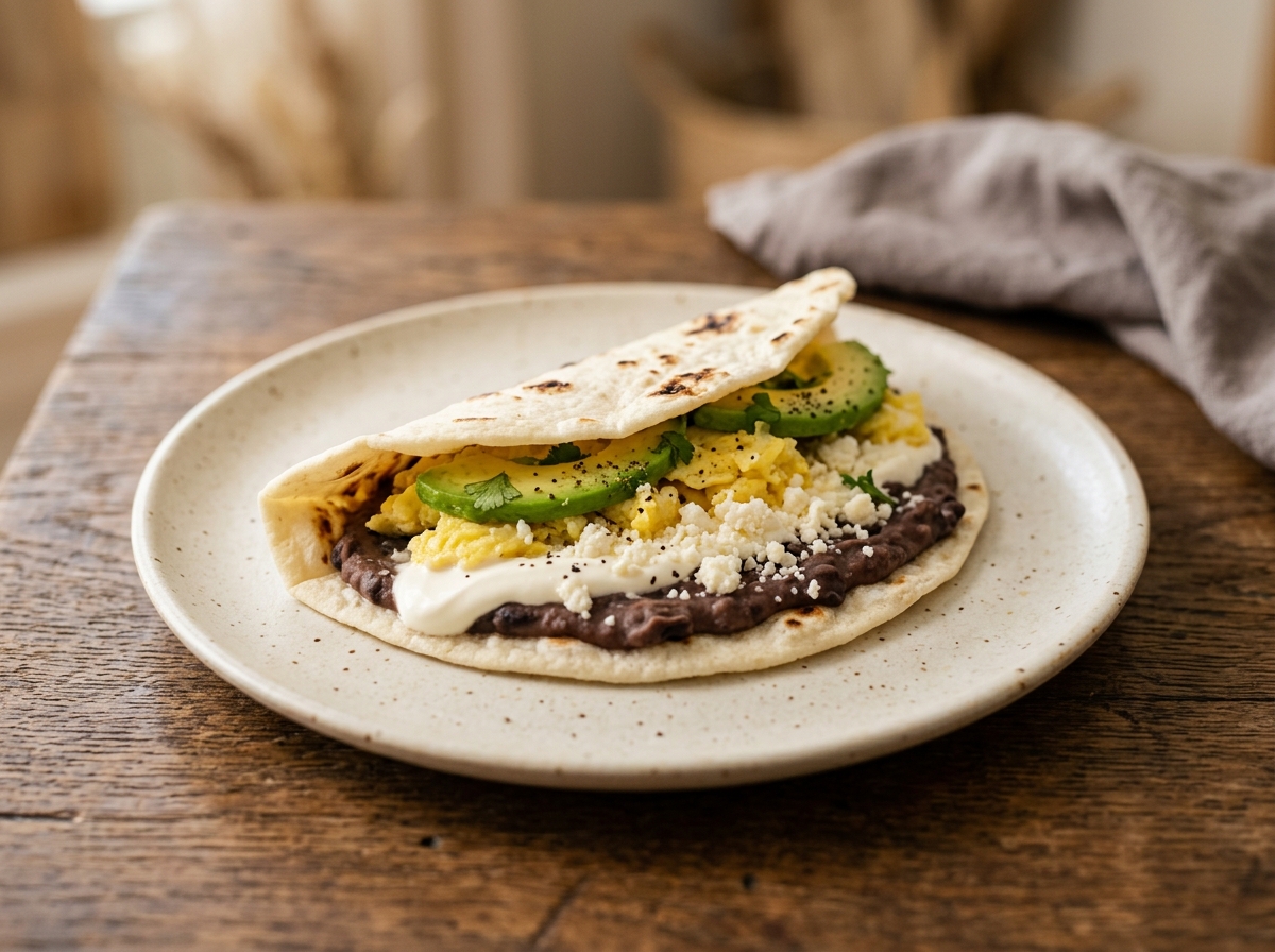 Baleada hondureña de tortilla de harina gruesa con frijoles, crema y queso seco