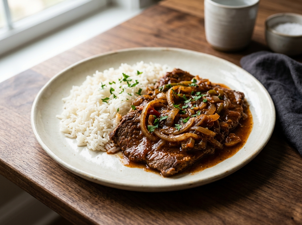 Bistec en cazuela cubano en salsa de tomate y cebolla