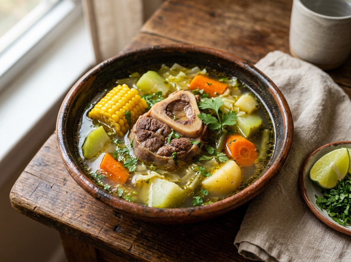 Caldo de res mexicano con chambarete, elote y chayote