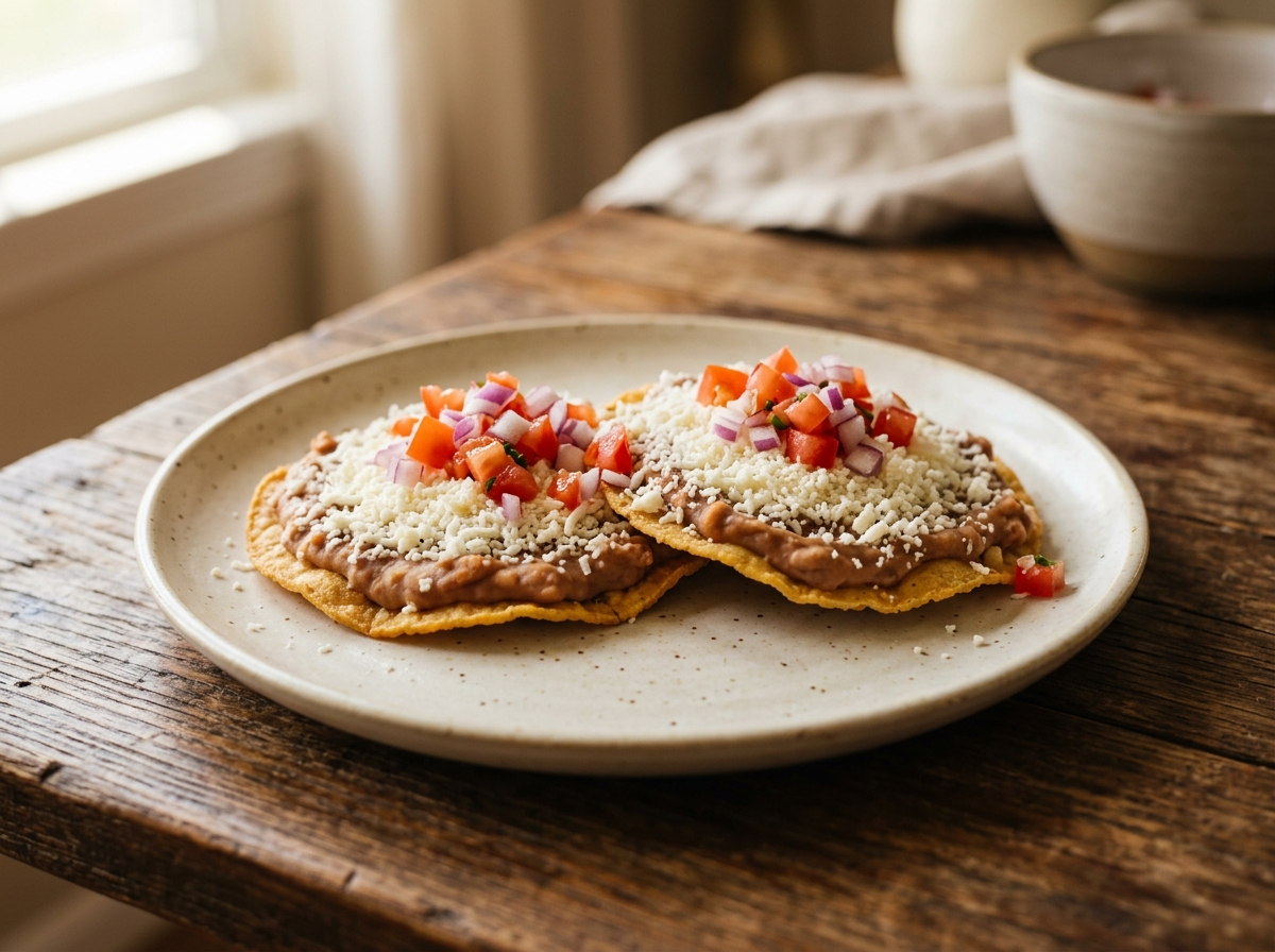 Catrachas hondureñas: tostadas de maíz fritas con frijoles refritos y queso rallado