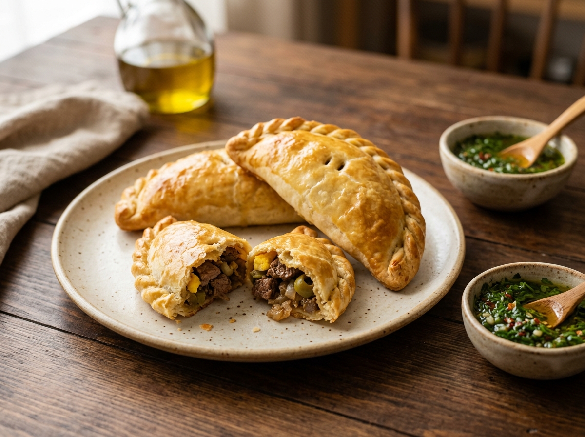 Empanadas argentinas de carne horneadas con repulgue dorado y relleno de carne cortada a cuchillo