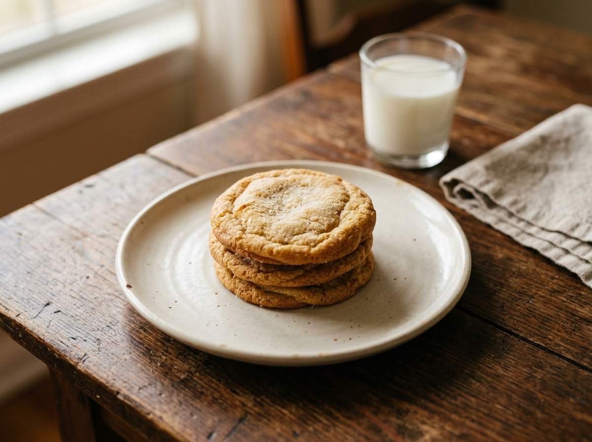 Galletas caseras clásicas de mantequilla con bordes dorados y centro suave, junto a un vaso de leche