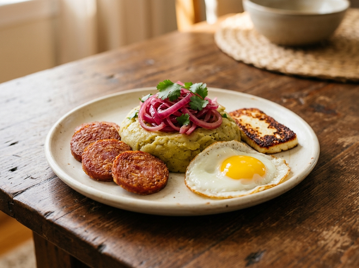 Mangú dominicano de plátano majado con cebolla, queso frito, salami y huevo