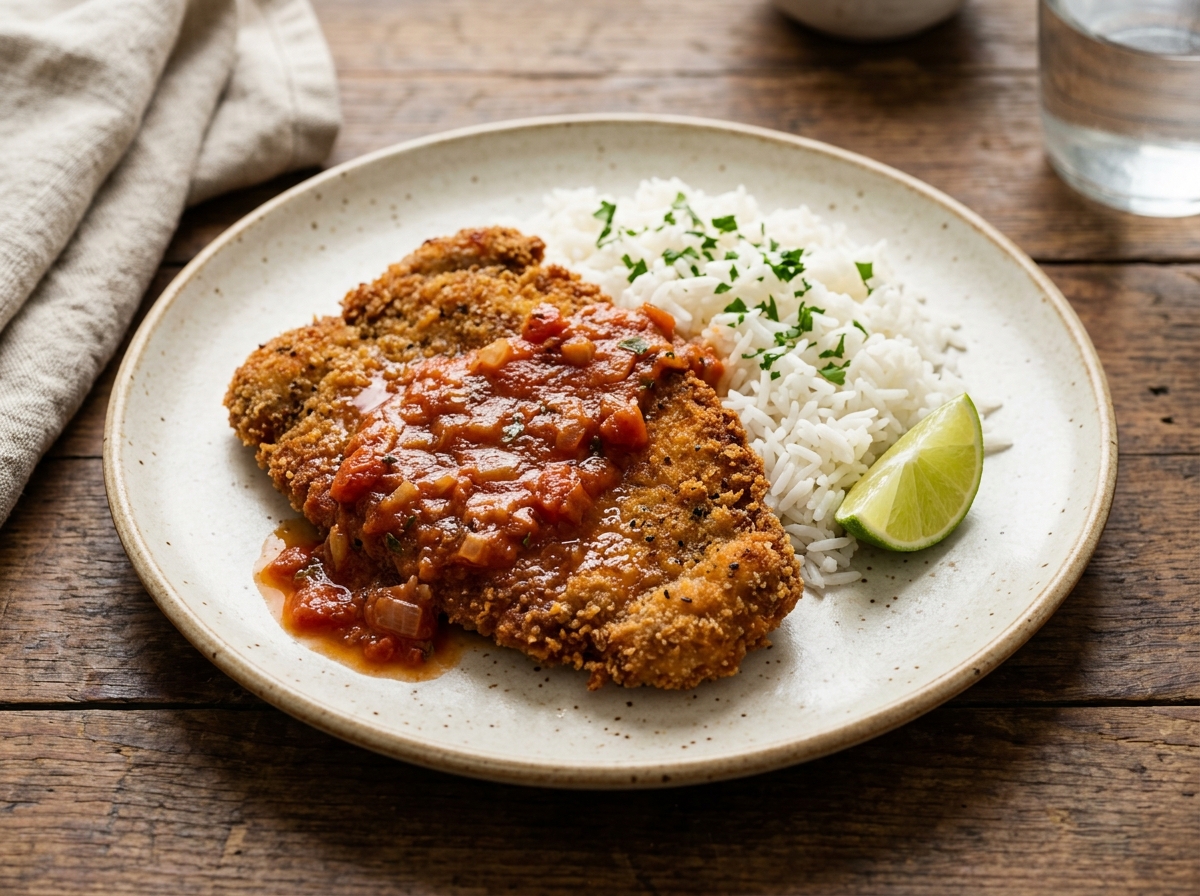 Milanesa de res guisada, empanizada y terminada en salsa