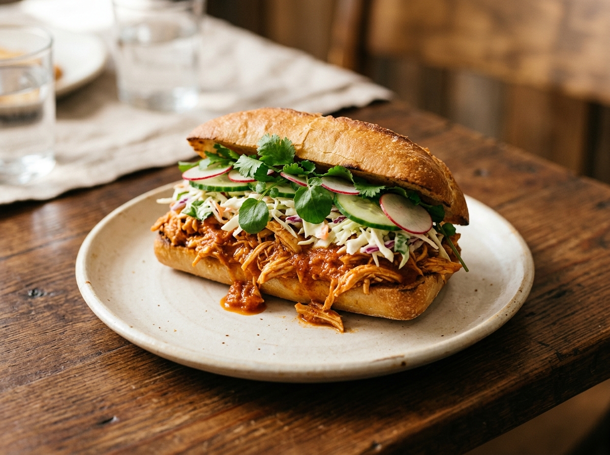 Pan con pollo salvadoreño con pollo en recaudo, repollo cremoso, berro y vegetales en pan francés