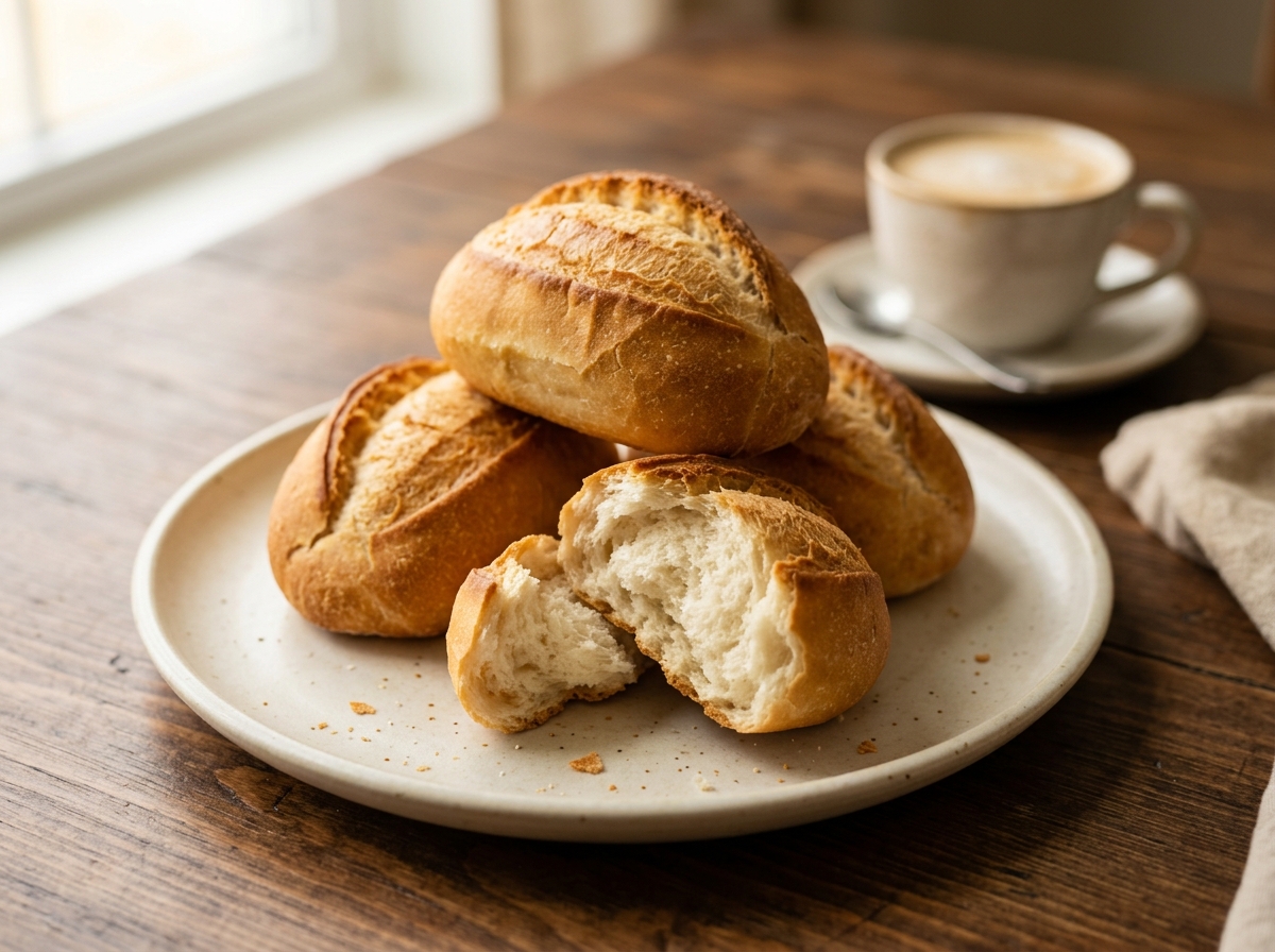 Pan francés salvadoreño dorado y crujiente enfriándose, con café con leche