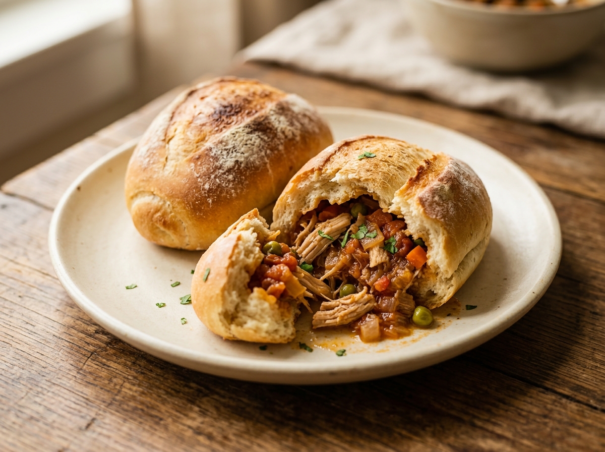 Panes con pavo salvadoreños dorados rellenos de pavo desmenuzado y sofrito de verduras