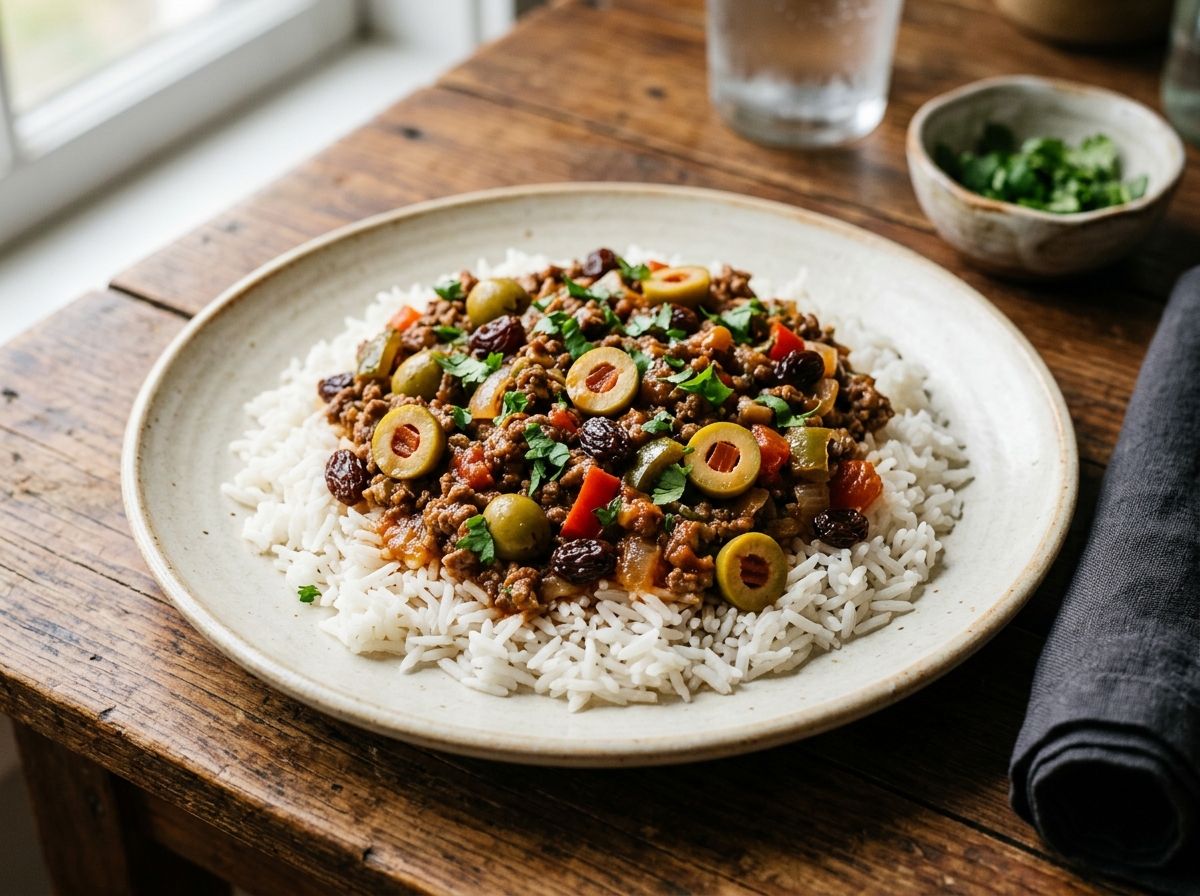 Picadillo cubano con aceitunas y pasas sobre arroz blanco
