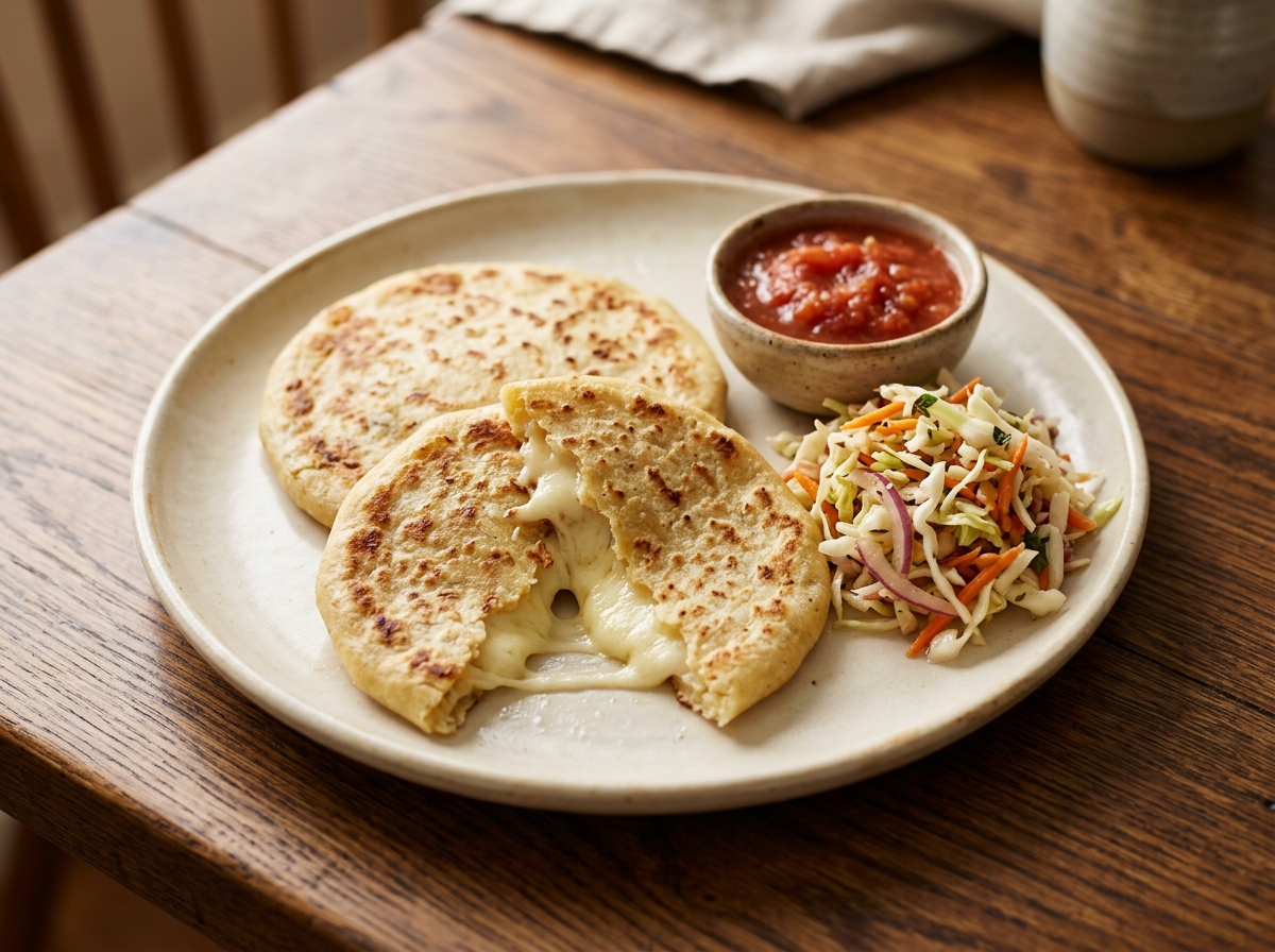 Pupusas salvadoreñas doradas rellenas de queso, servidas con curtido y salsa roja
